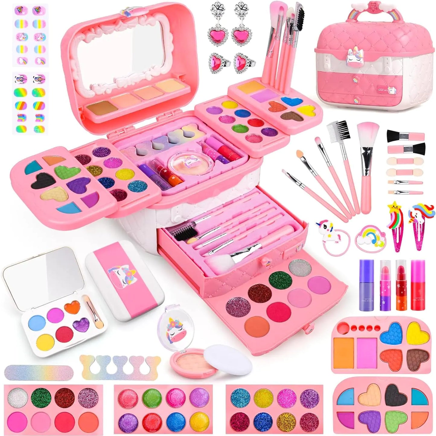 80-in-1 Unicorn Kids Makeup Kit – Safe Washable Beauty Toy Set with Brushes, Eyeshadows, Case & Accessories (Ages 3+) for Little Girls Birthday Princess Dolls Dress Up Toy for Performance Dance Show Role Play Party - JoyBoxOneStop
