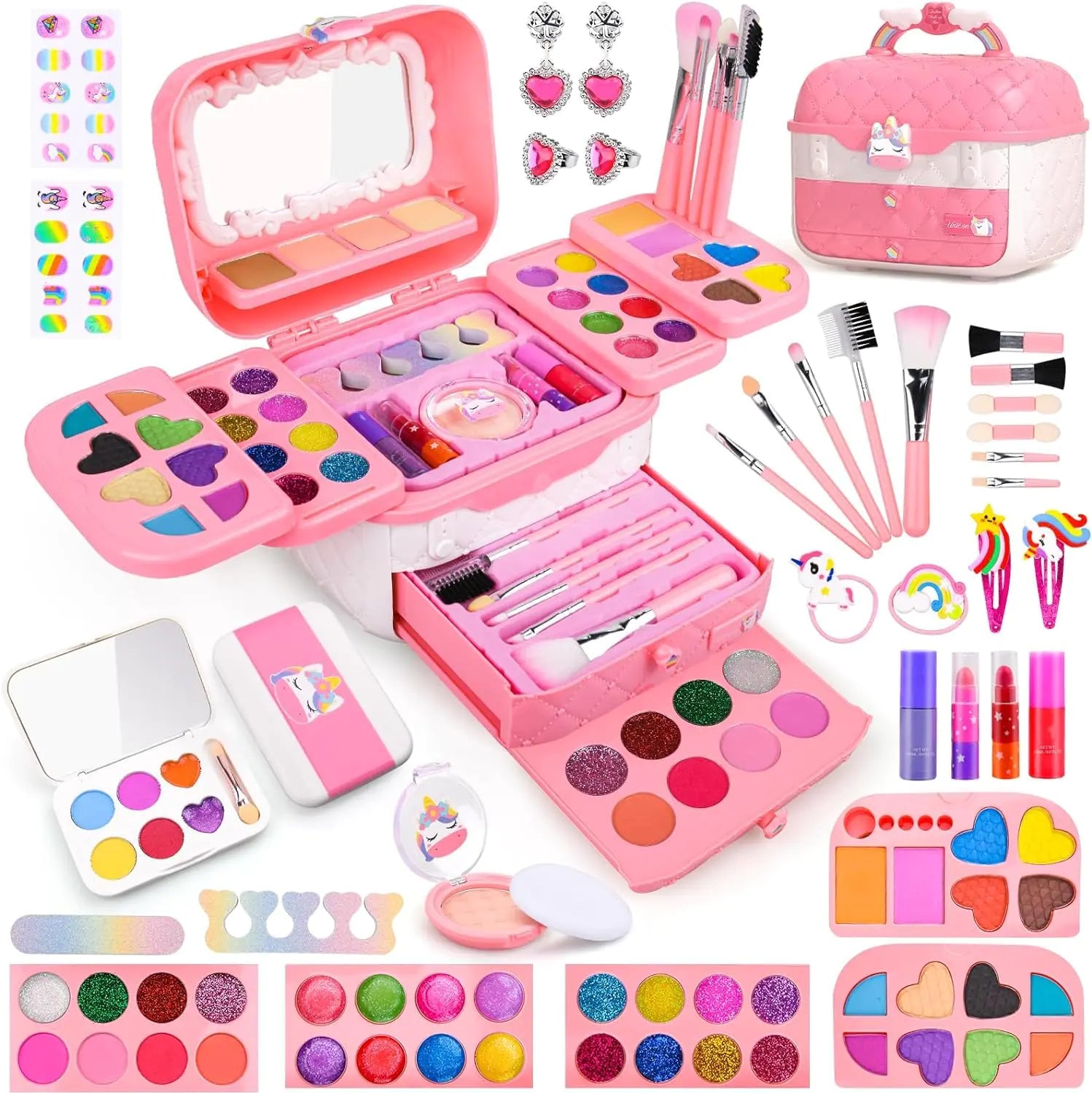 80-in-1 Unicorn Kids Makeup Kit – Safe Washable Beauty Toy Set with Brushes, Eyeshadows, Case & Accessories (Ages 3+) for Little Girls Birthday Princess Dolls Dress Up Toy for Performance Dance Show Role Play Party - JoyBoxOneStop